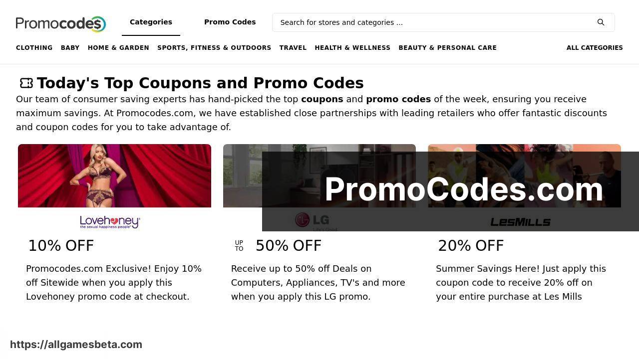 https://www.promocodes.com/ screenshot